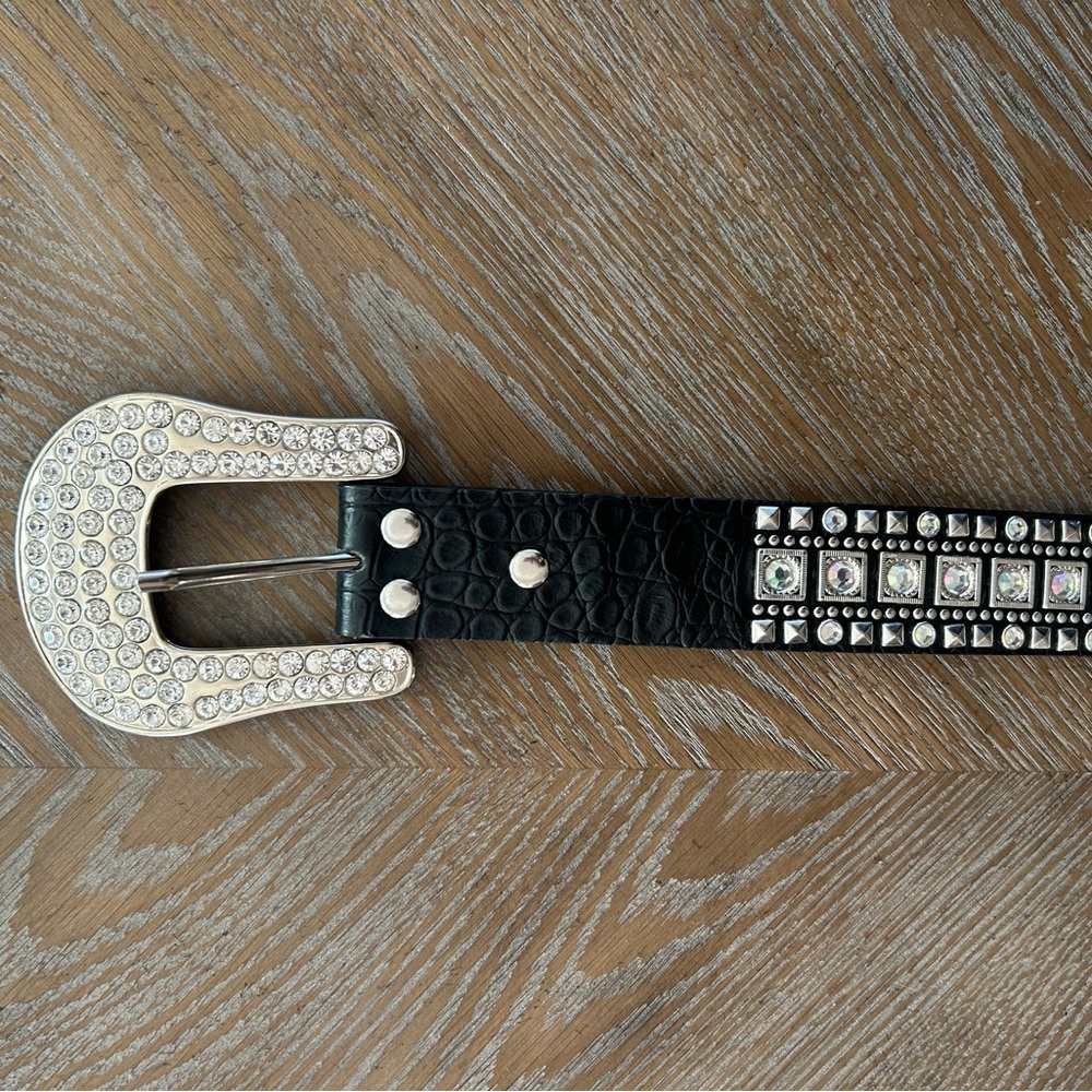 Black Western Belt with Silver Rhinestone Buckle